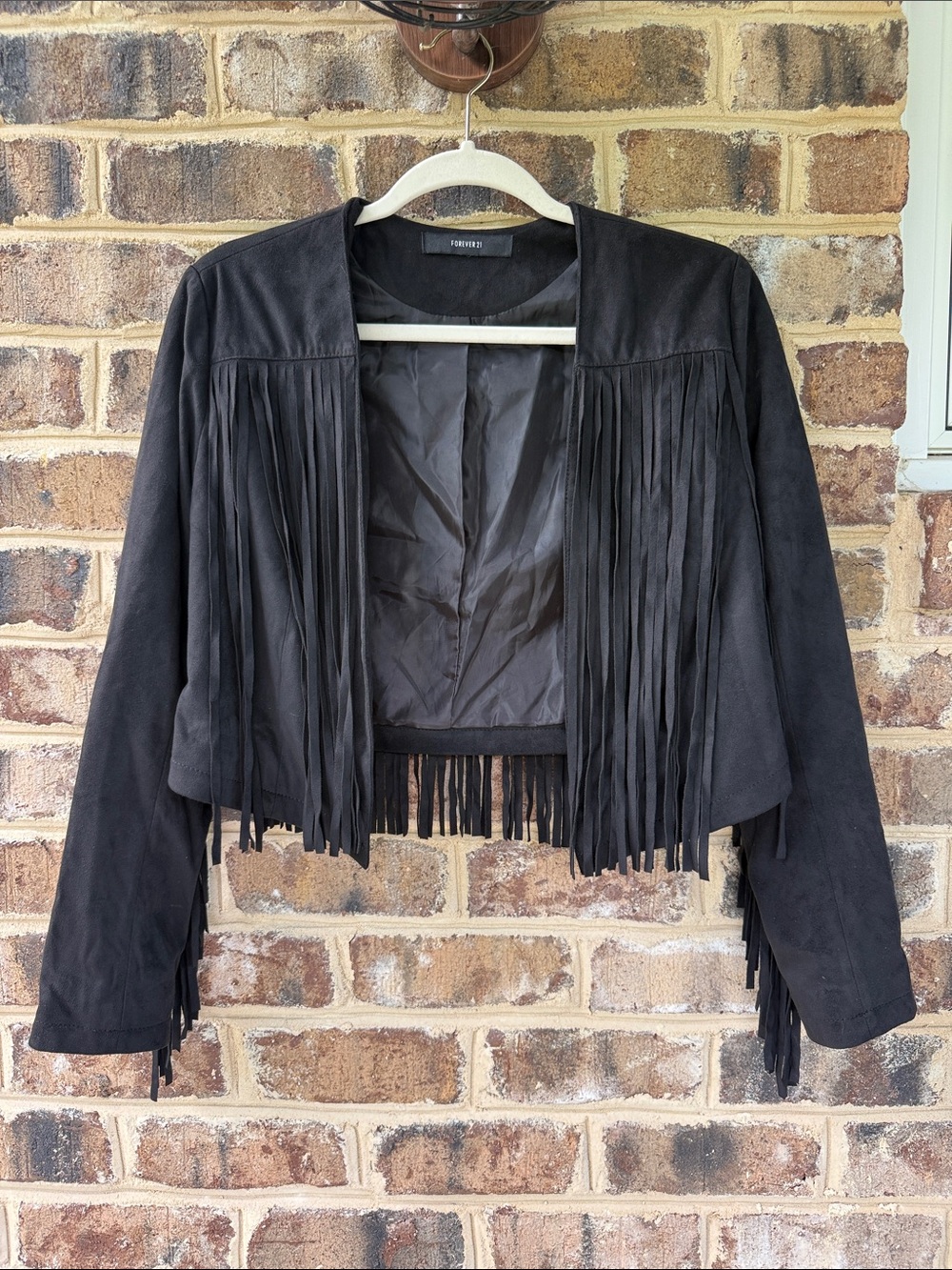 Forever 21 Black Fringe Suede-Look Cropped Jacket